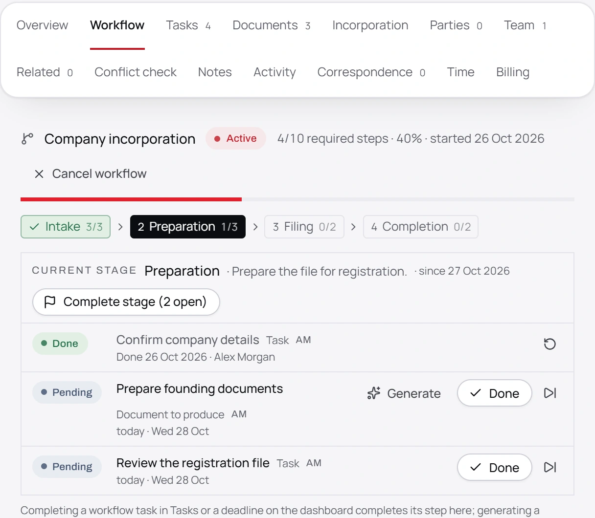 Tridens OS company-formation workflow showing preparation, completed checks and pending documents with fictional records